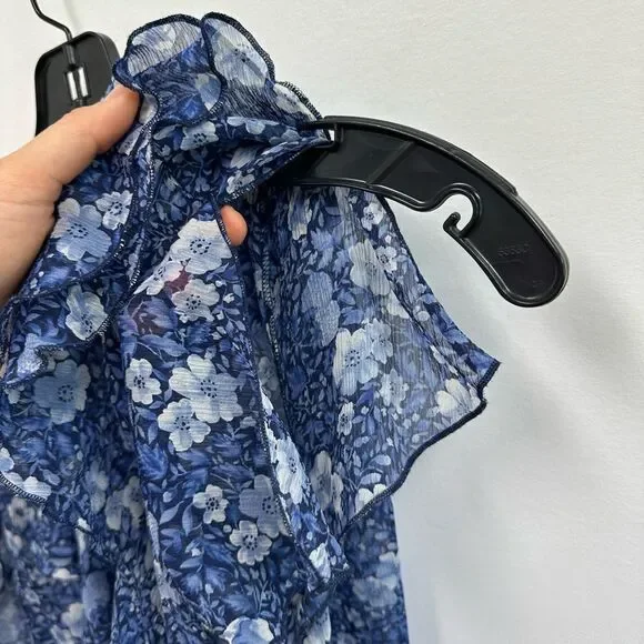 Y2K Oscar De La Renta Blue Floral Ruffle Short Flutter Sleeve Blouse Size 8 - Picture 11 of 14
